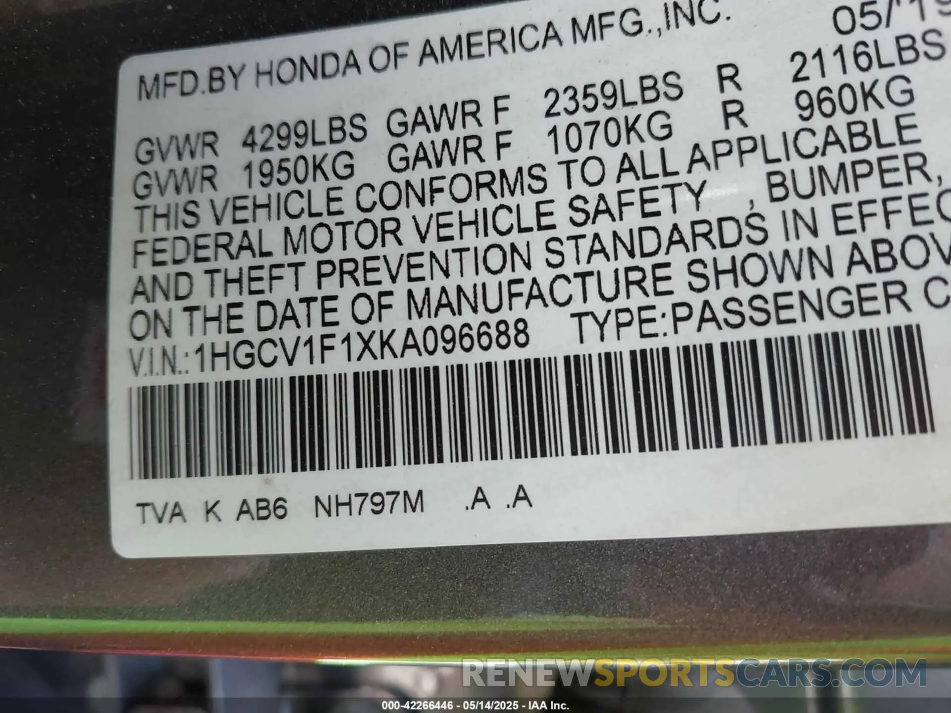 9 Photograph of a damaged car 1HGCV1F1XKA096688 HONDA ACCORD 2019