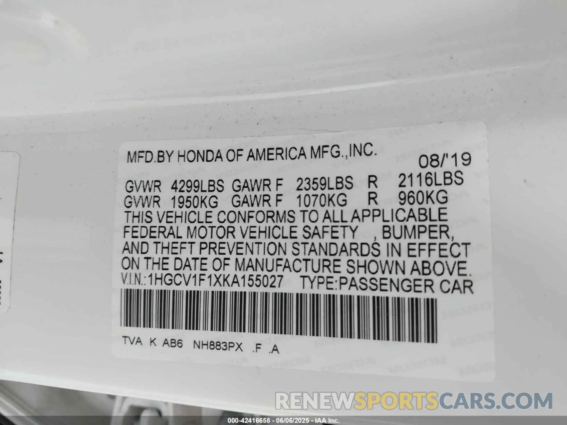 9 Photograph of a damaged car 1HGCV1F1XKA155027 HONDA ACCORD 2019