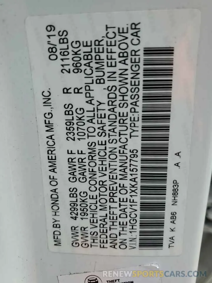 12 Photograph of a damaged car 1HGCV1F1XKA157795 HONDA ACCORD 2019