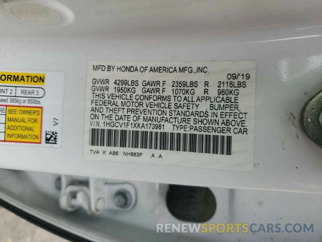 13 Photograph of a damaged car 1HGCV1F1XKA173981 HONDA ACCORD 2019