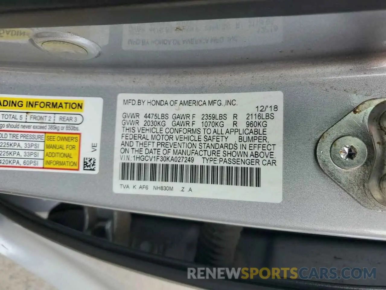 12 Photograph of a damaged car 1HGCV1F30KA027249 HONDA ACCORD 2019