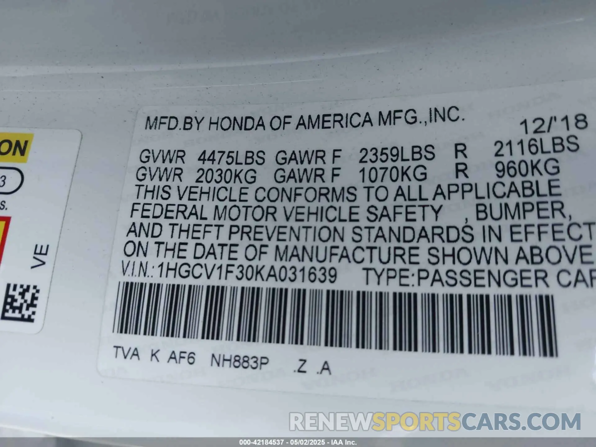 9 Photograph of a damaged car 1HGCV1F30KA031639 HONDA ACCORD 2019