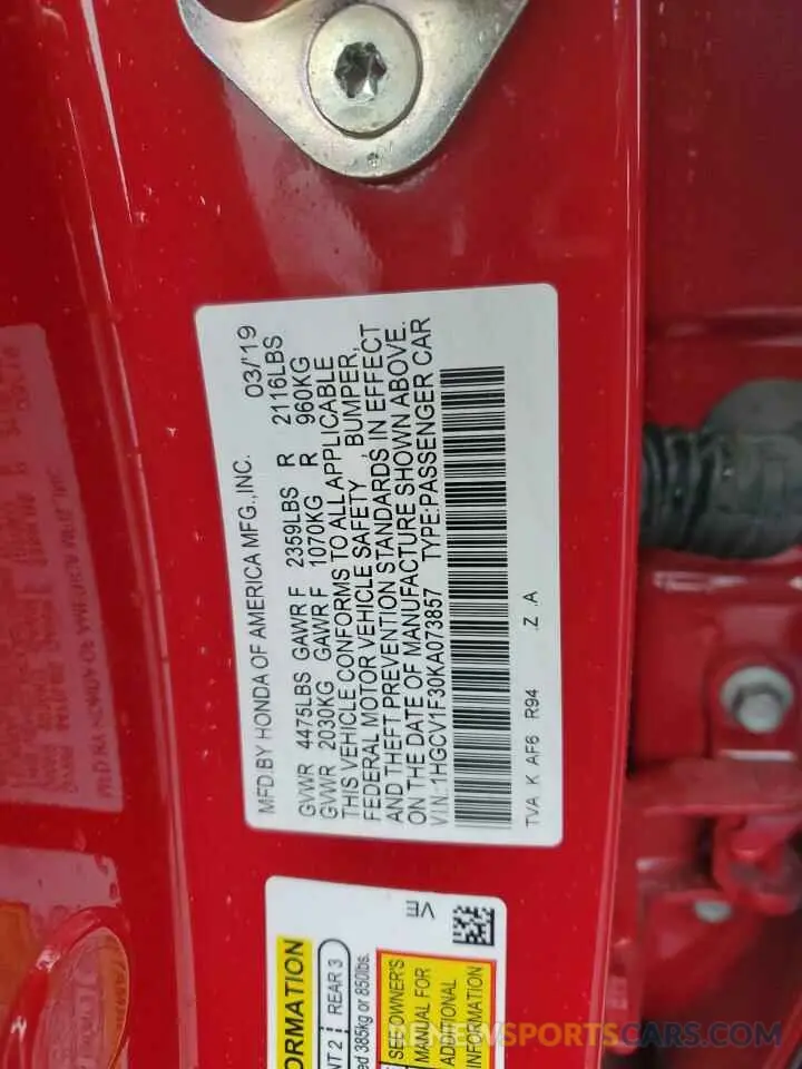 12 Photograph of a damaged car 1HGCV1F30KA073857 HONDA ACCORD 2019