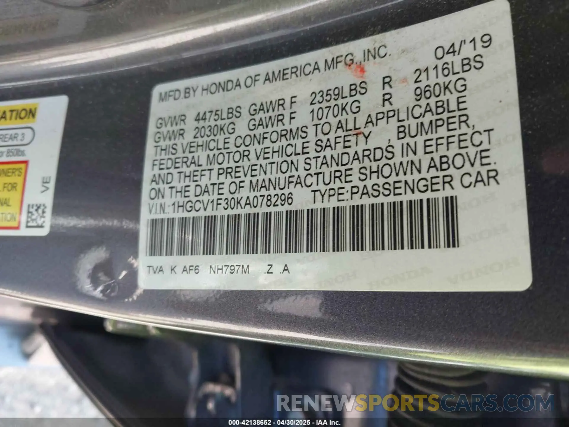 9 Photograph of a damaged car 1HGCV1F30KA078296 HONDA ACCORD 2019