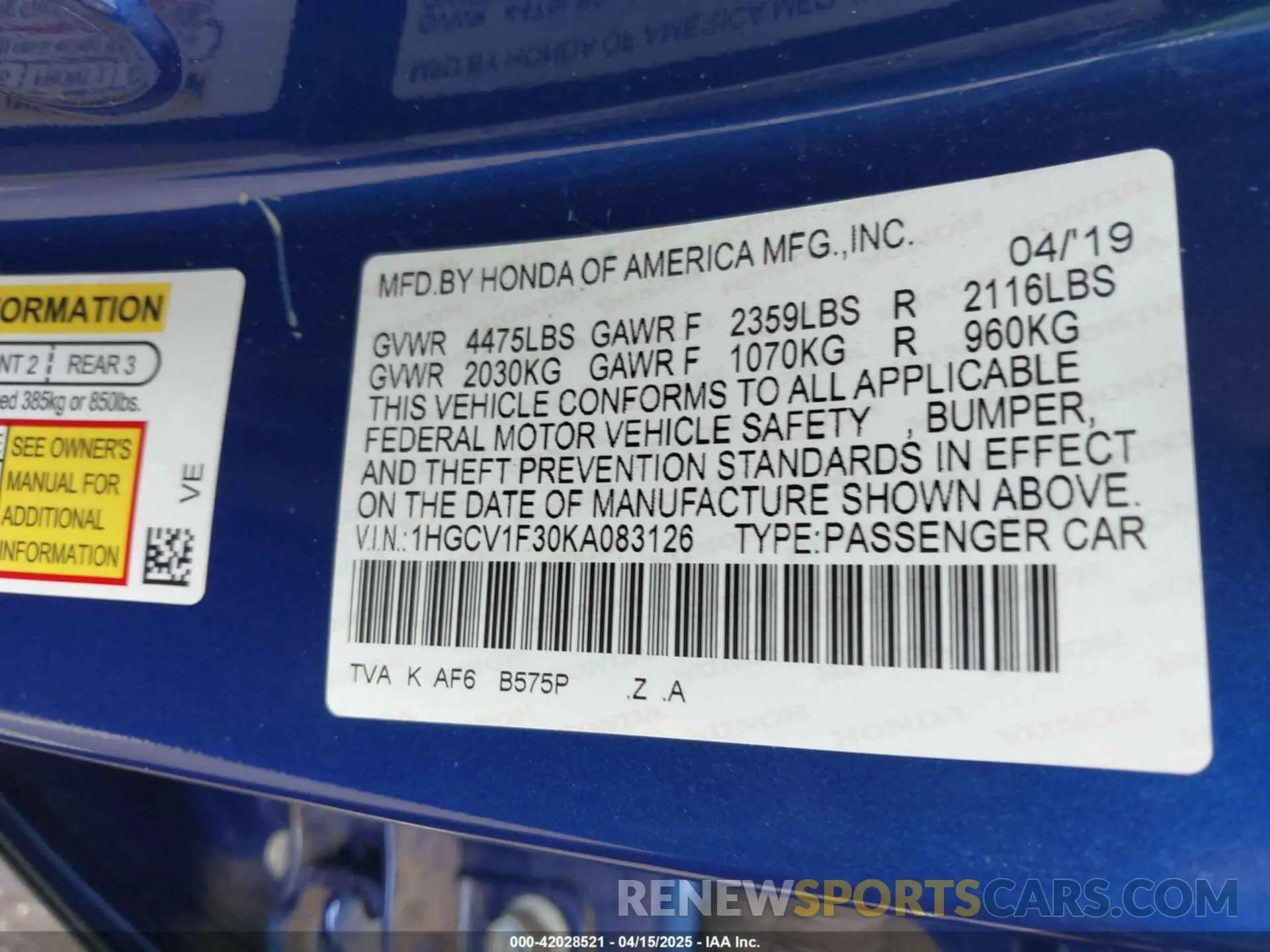 9 Photograph of a damaged car 1HGCV1F30KA083126 HONDA ACCORD 2019