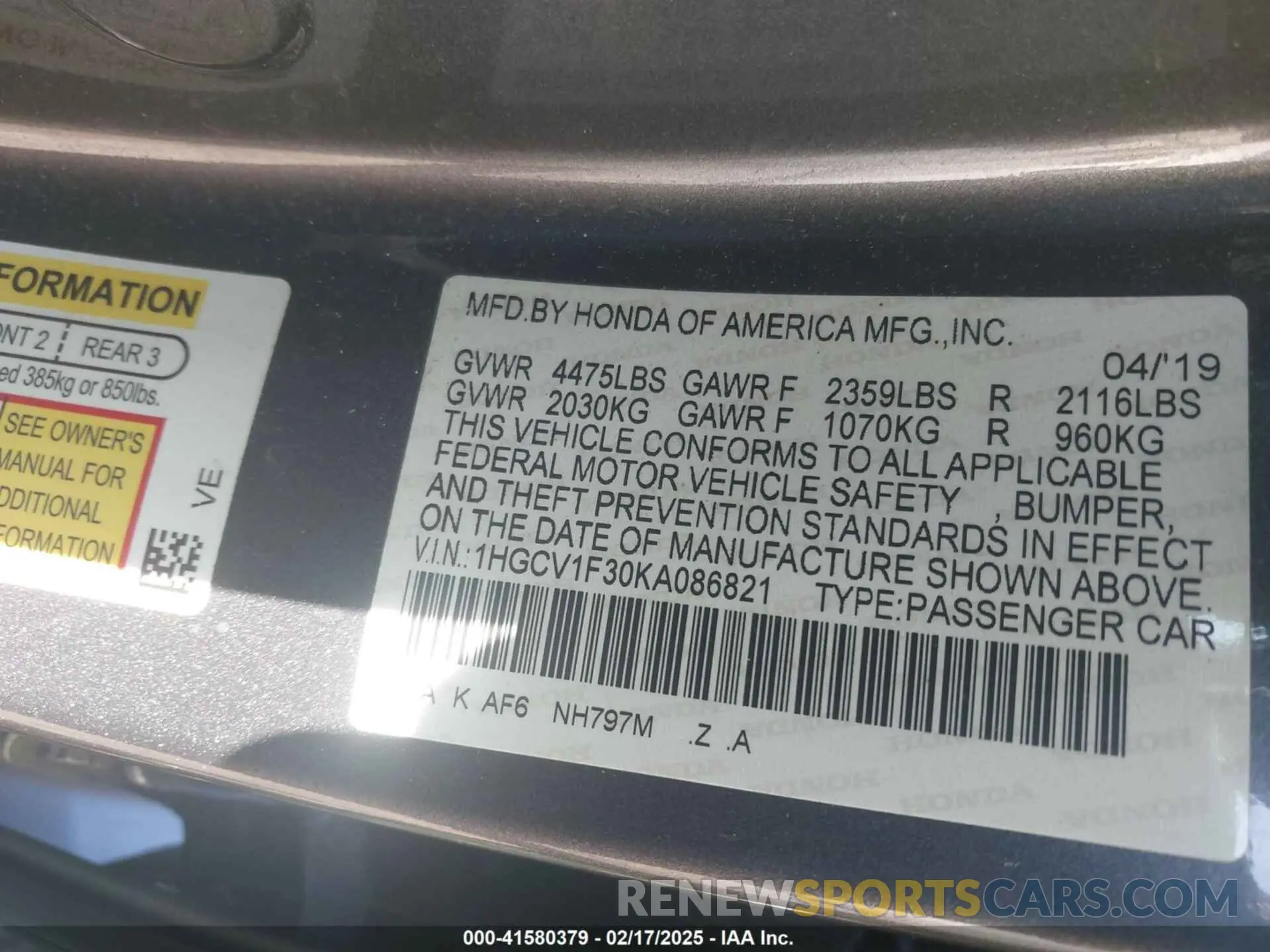 9 Photograph of a damaged car 1HGCV1F30KA086821 HONDA ACCORD 2019