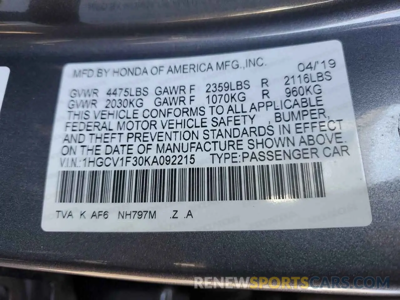 15 Photograph of a damaged car 1HGCV1F30KA092215 HONDA ACCORD 2019