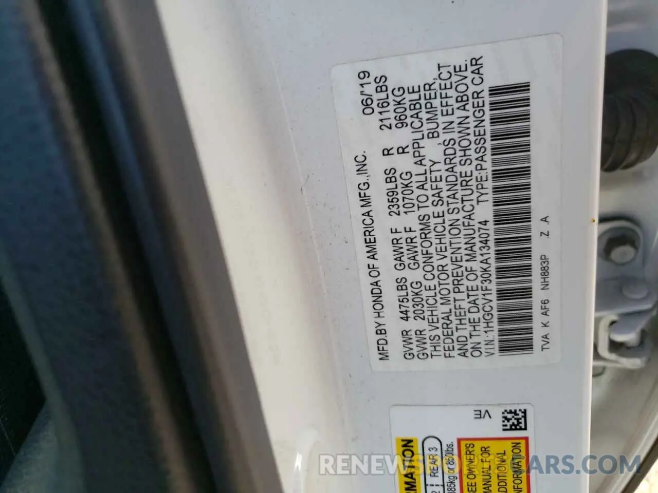 12 Photograph of a damaged car 1HGCV1F30KA134074 HONDA ACCORD 2019