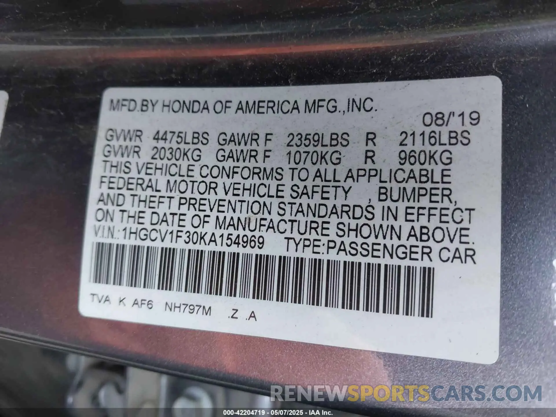 9 Photograph of a damaged car 1HGCV1F30KA154969 HONDA ACCORD 2019