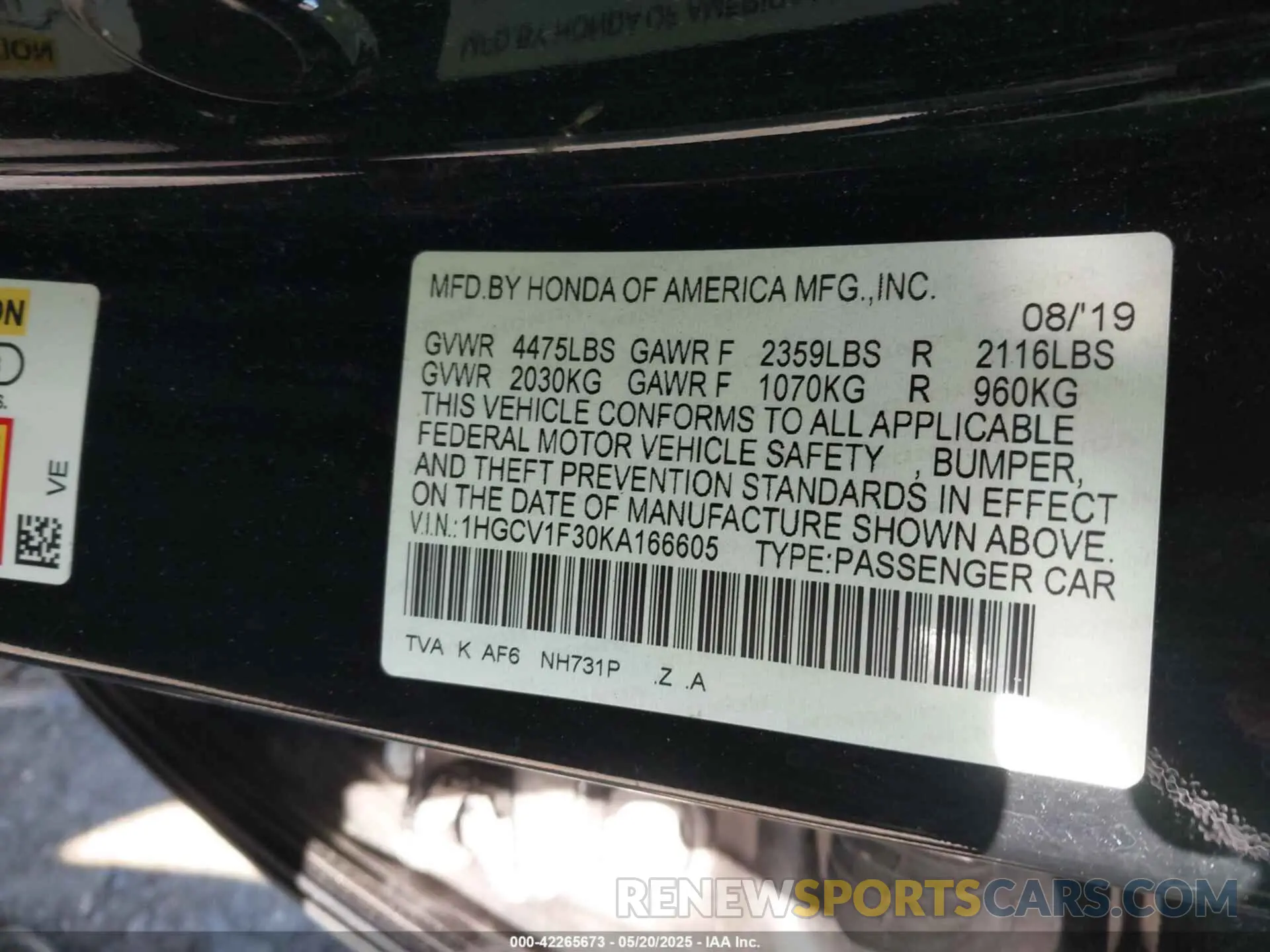 9 Photograph of a damaged car 1HGCV1F30KA166605 HONDA ACCORD 2019