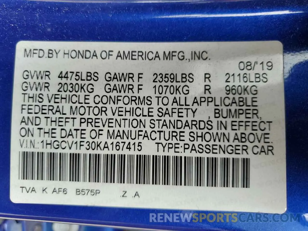 13 Photograph of a damaged car 1HGCV1F30KA167415 HONDA ACCORD 2019