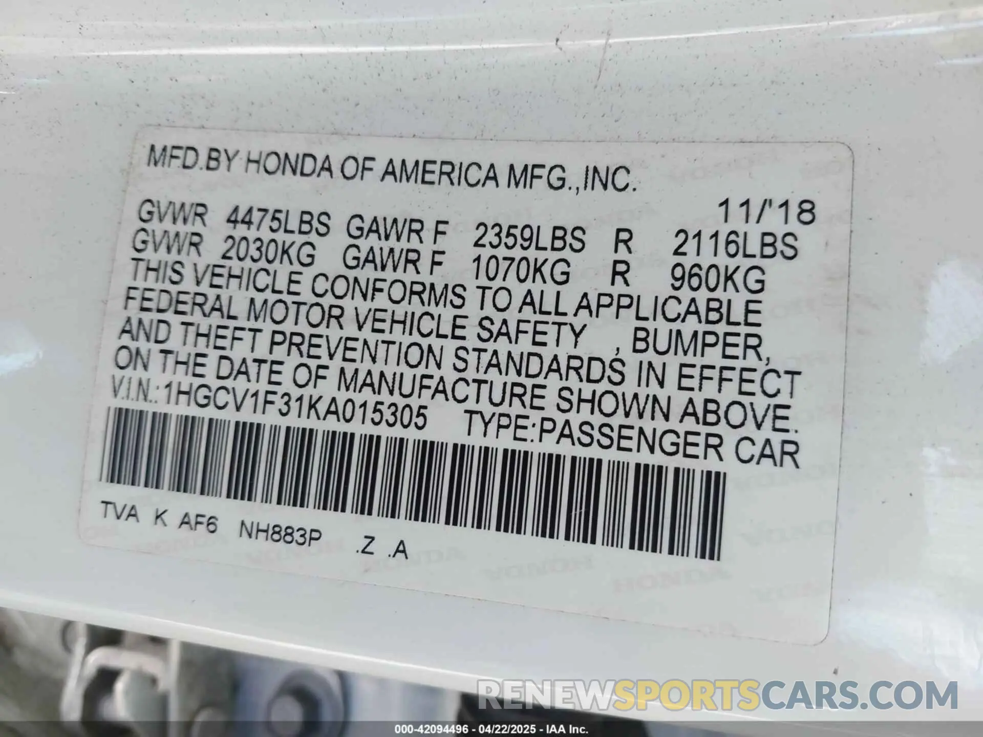 9 Photograph of a damaged car 1HGCV1F31KA015305 HONDA ACCORD 2019