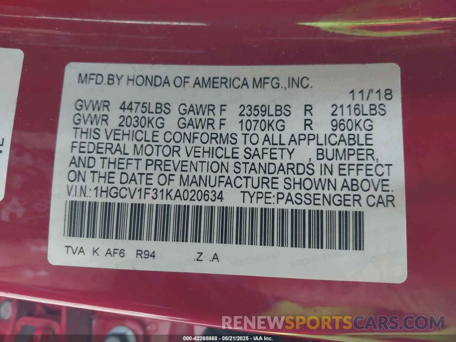 9 Photograph of a damaged car 1HGCV1F31KA020634 HONDA ACCORD 2019