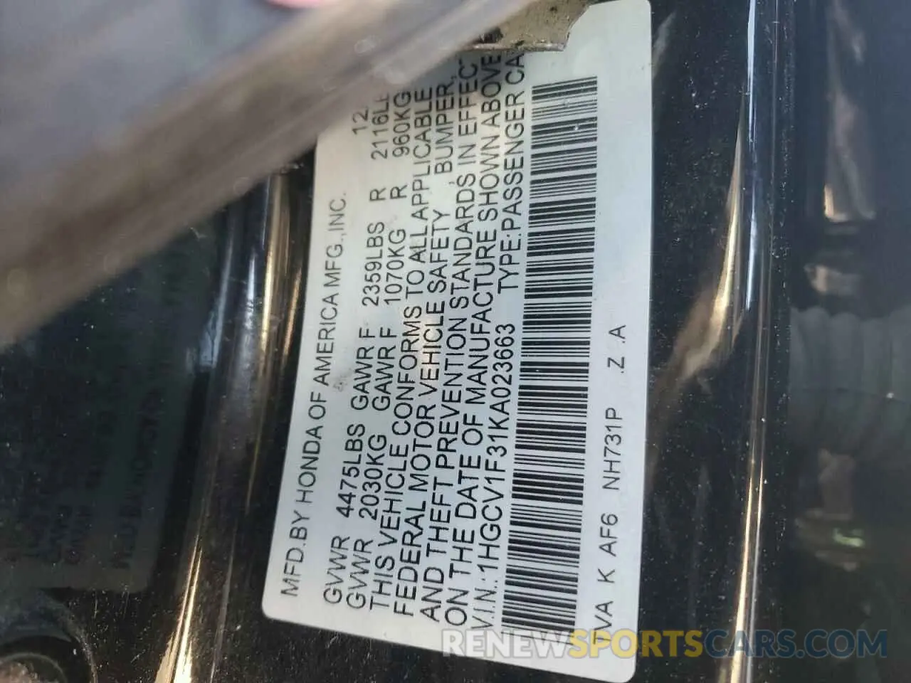 12 Photograph of a damaged car 1HGCV1F31KA023663 HONDA ACCORD 2019