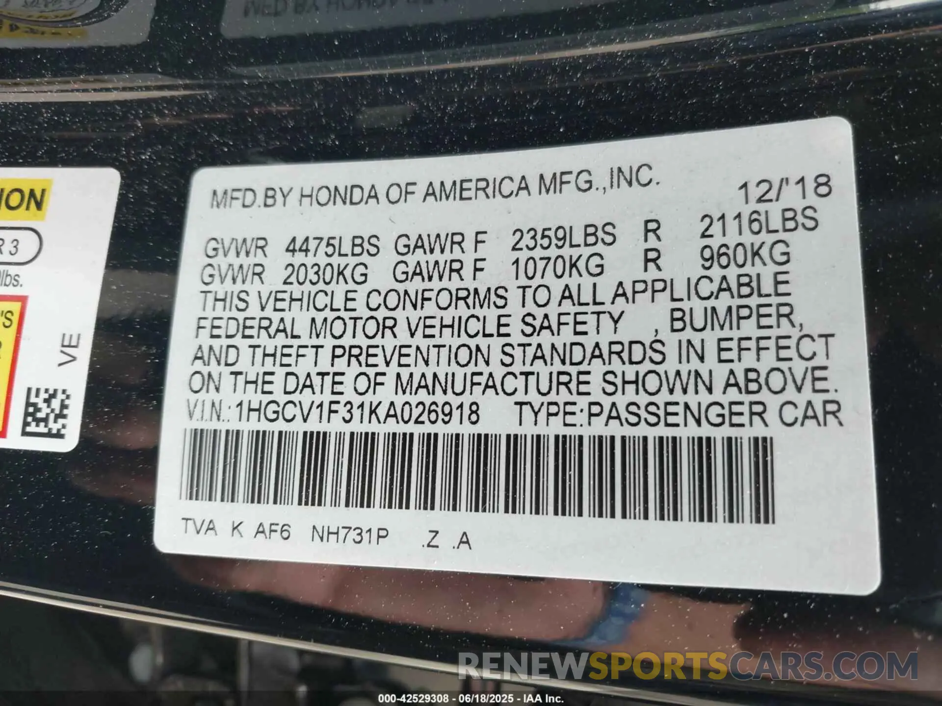 9 Photograph of a damaged car 1HGCV1F31KA026918 HONDA ACCORD 2019
