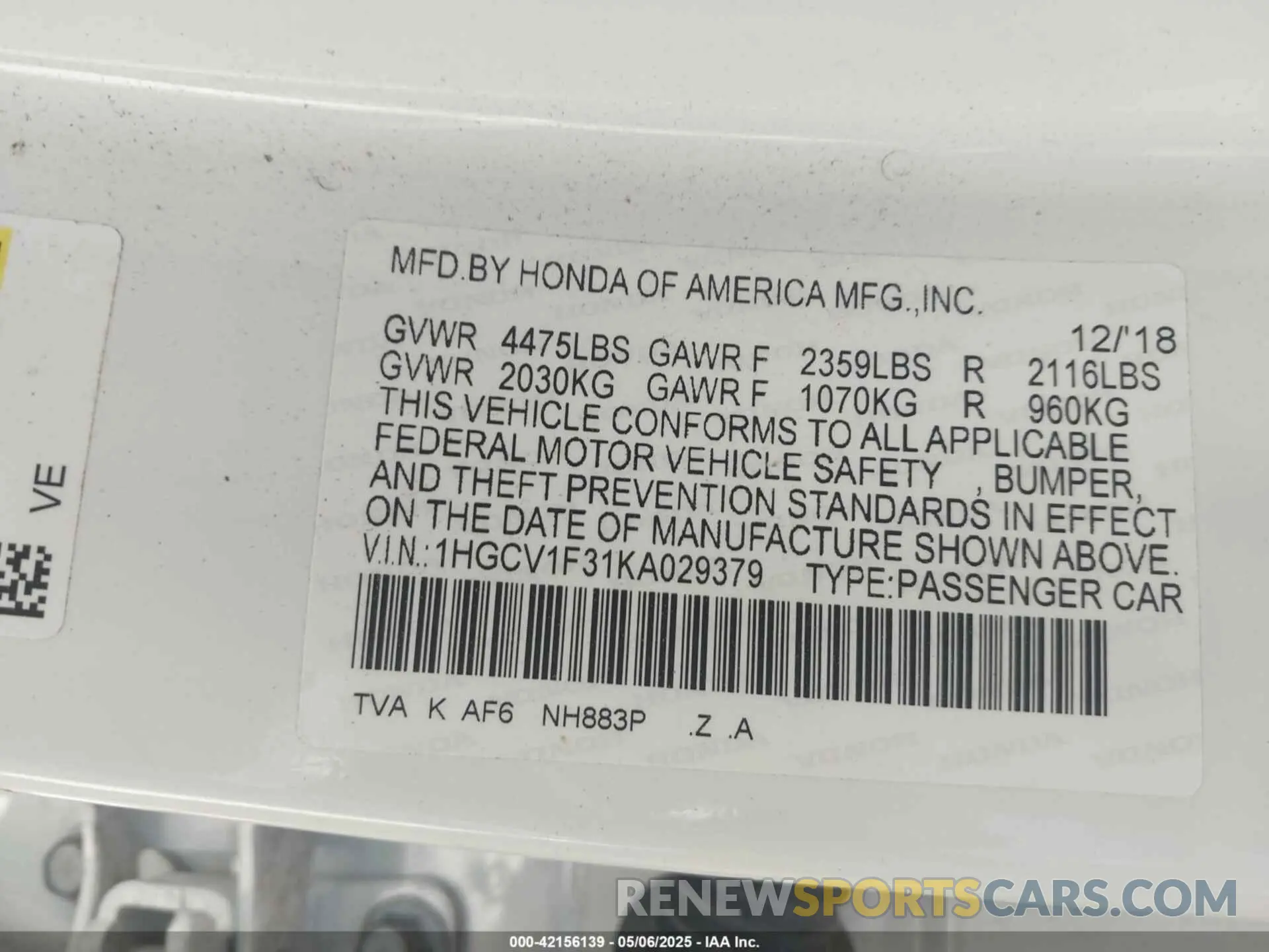 9 Photograph of a damaged car 1HGCV1F31KA029379 HONDA ACCORD 2019
