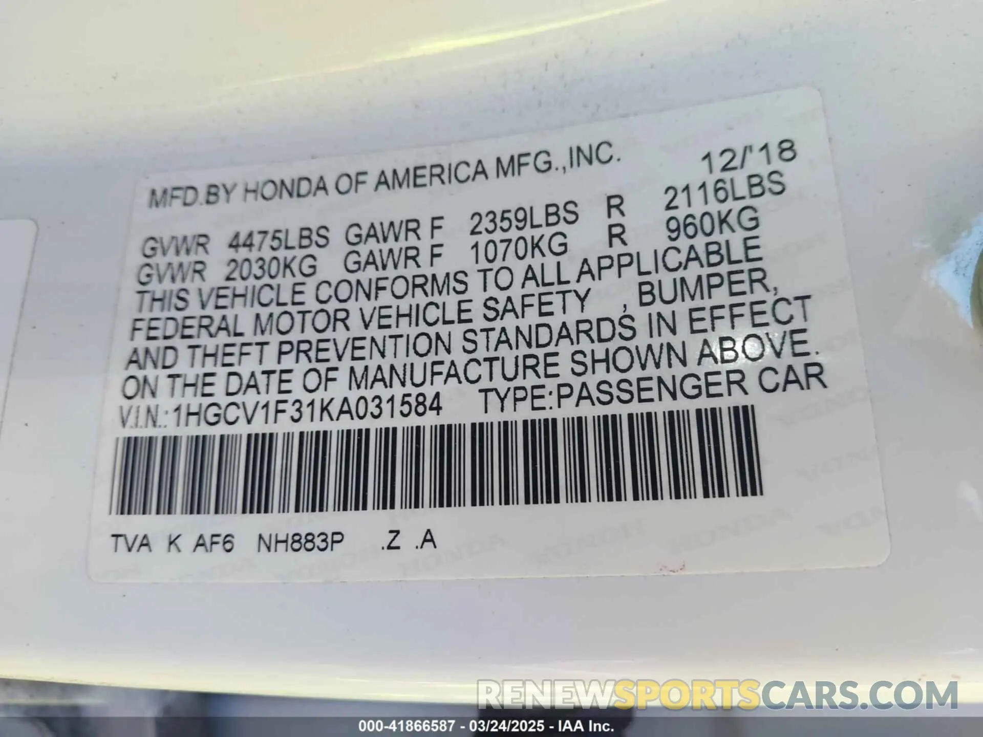 9 Photograph of a damaged car 1HGCV1F31KA031584 HONDA ACCORD 2019