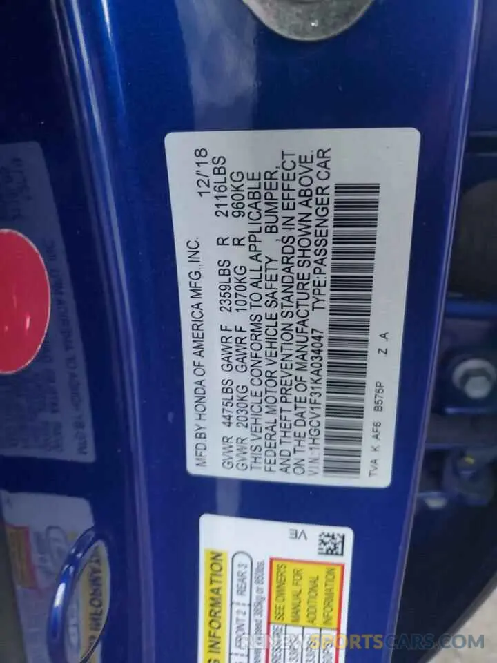 12 Photograph of a damaged car 1HGCV1F31KA034047 HONDA ACCORD 2019