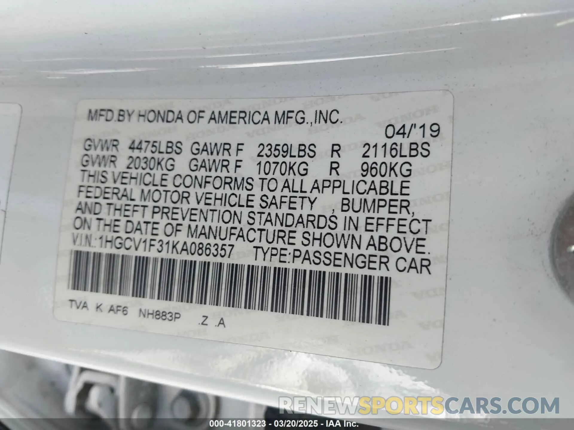9 Photograph of a damaged car 1HGCV1F31KA086357 HONDA ACCORD 2019