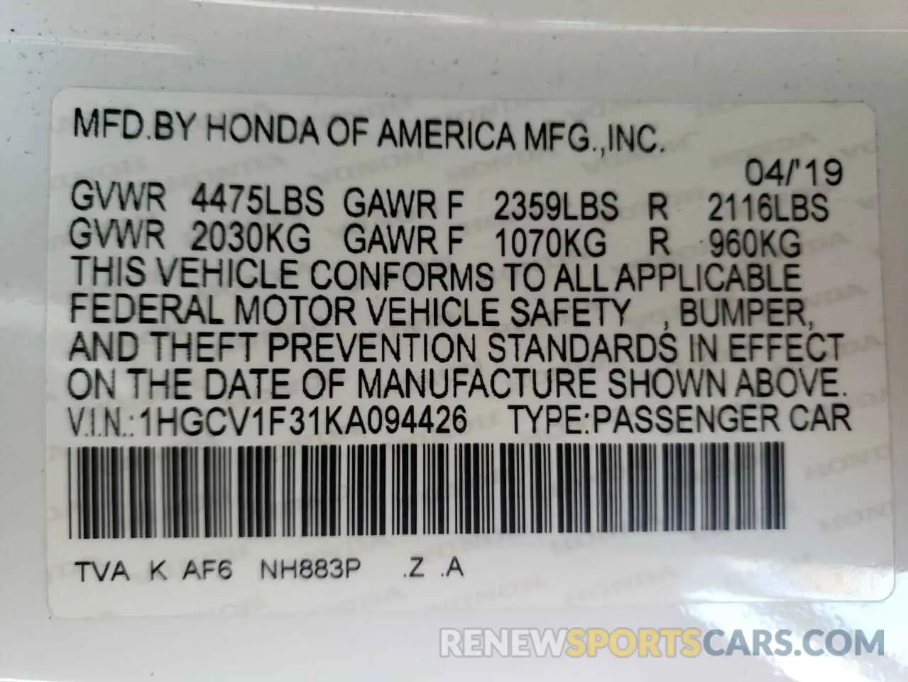 14 Photograph of a damaged car 1HGCV1F31KA094426 HONDA ACCORD 2019