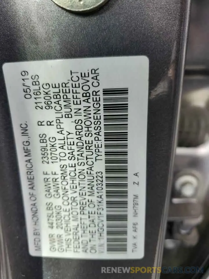 13 Photograph of a damaged car 1HGCV1F31KA103223 HONDA ACCORD 2019