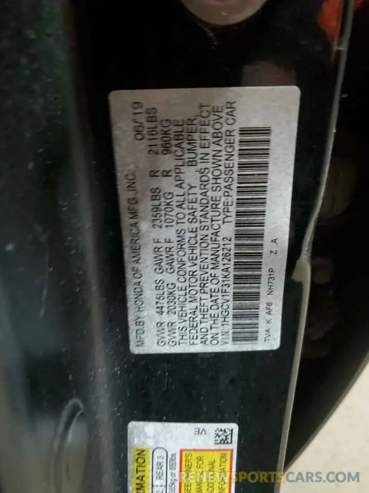 12 Photograph of a damaged car 1HGCV1F31KA126212 HONDA ACCORD 2019