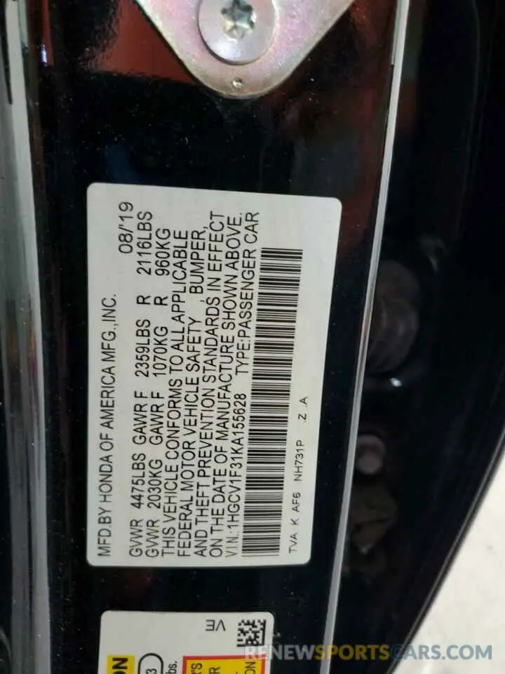 12 Photograph of a damaged car 1HGCV1F31KA155628 HONDA ACCORD 2019
