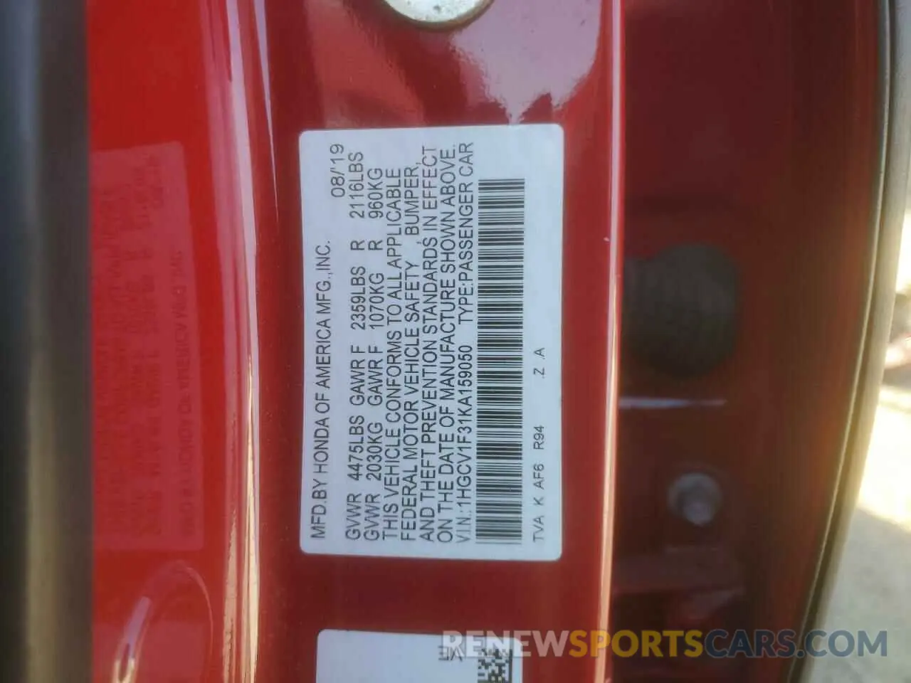 15 Photograph of a damaged car 1HGCV1F31KA159050 HONDA ACCORD 2019