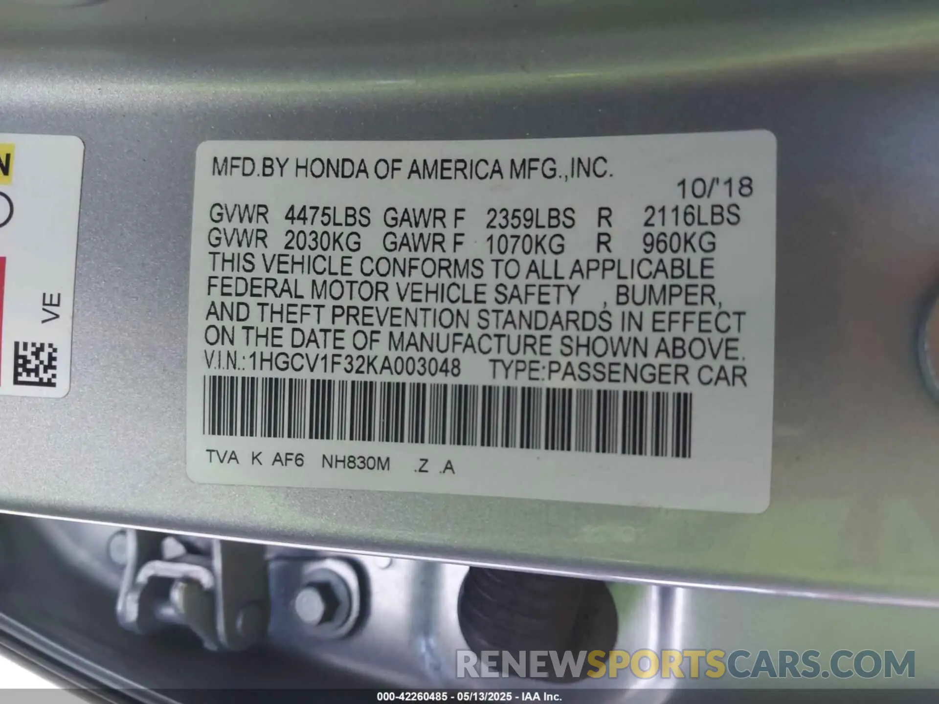 9 Photograph of a damaged car 1HGCV1F32KA003048 HONDA ACCORD 2019