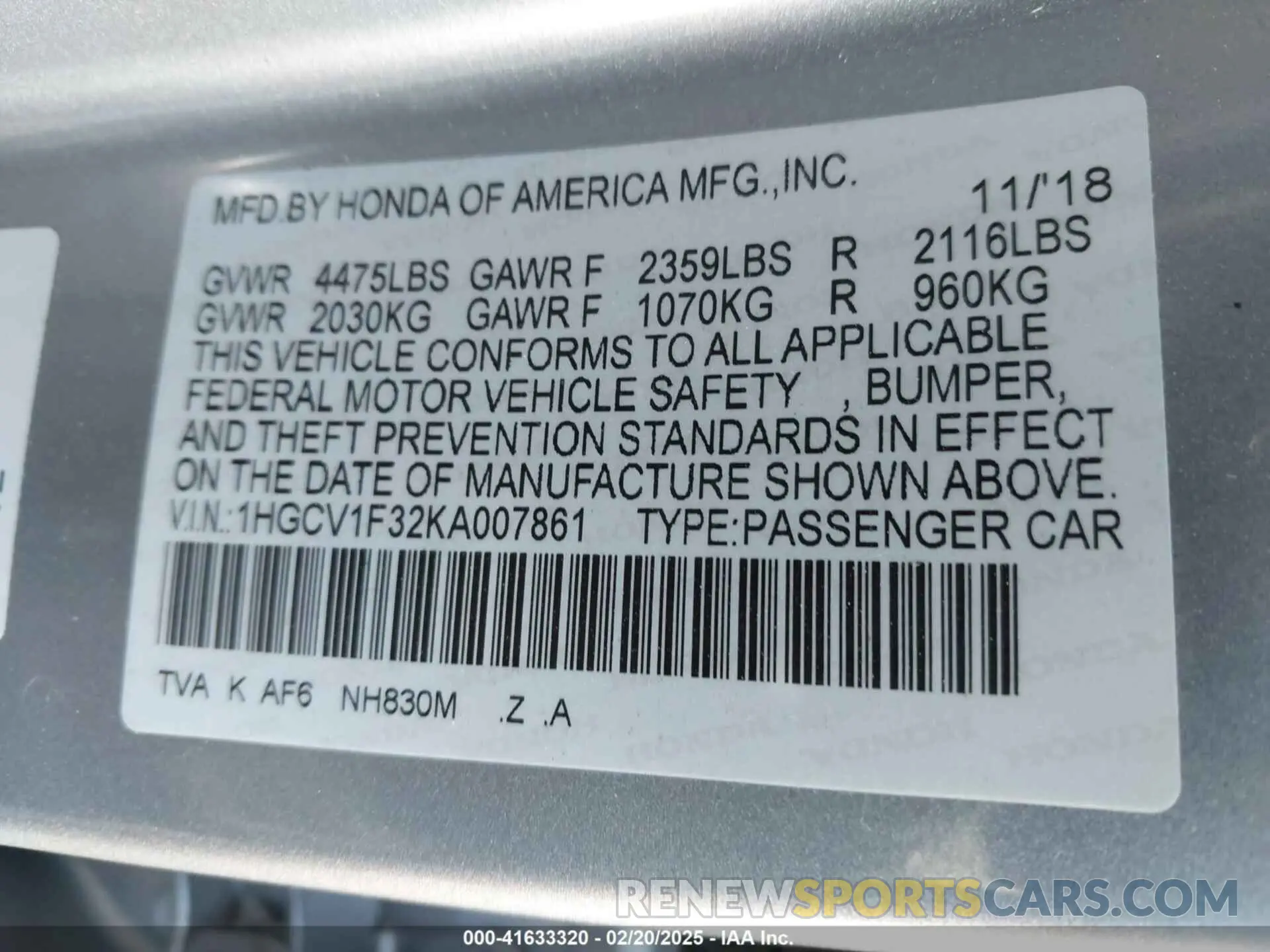 9 Photograph of a damaged car 1HGCV1F32KA007861 HONDA ACCORD 2019