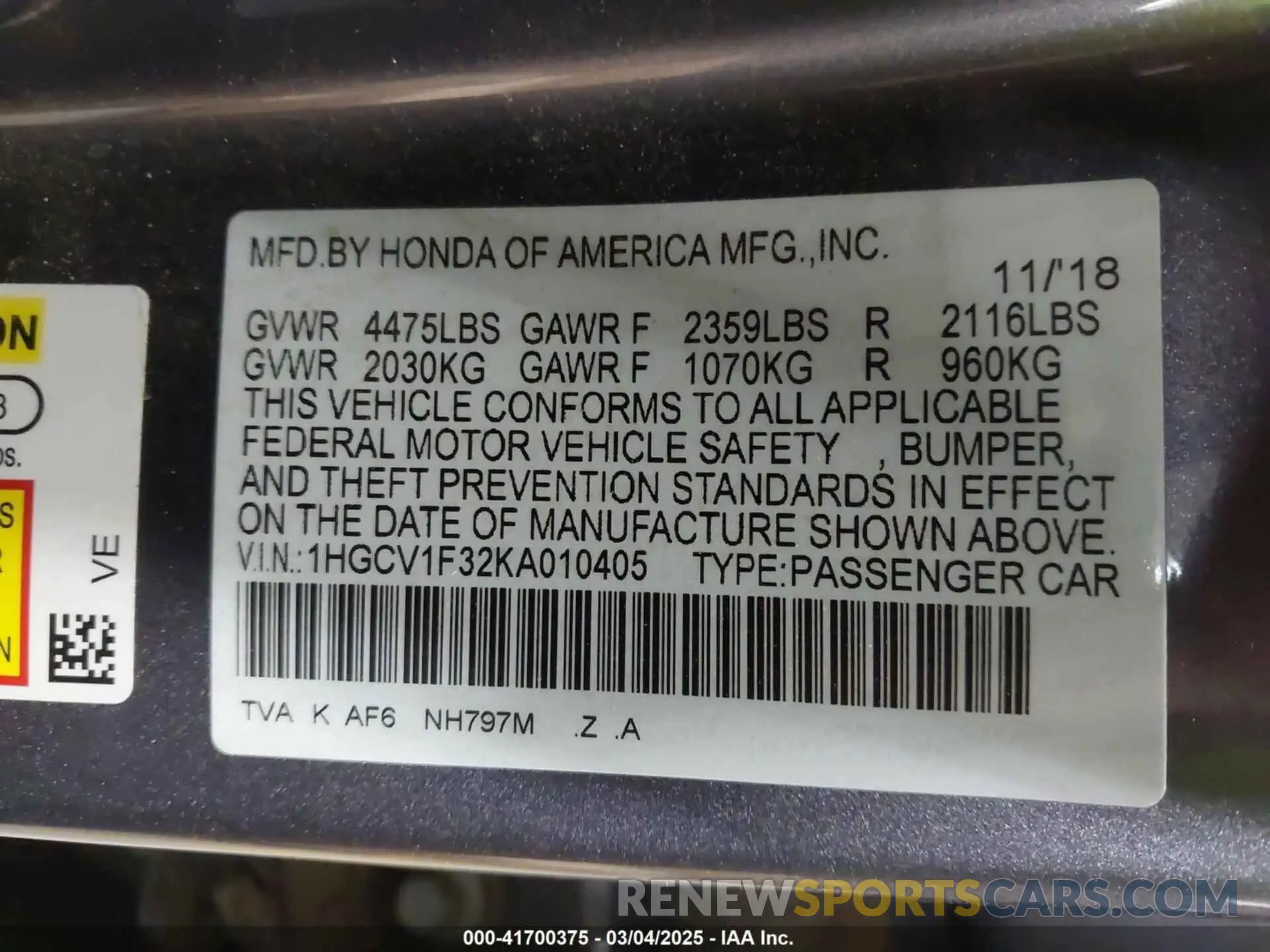 9 Photograph of a damaged car 1HGCV1F32KA010405 HONDA ACCORD 2019