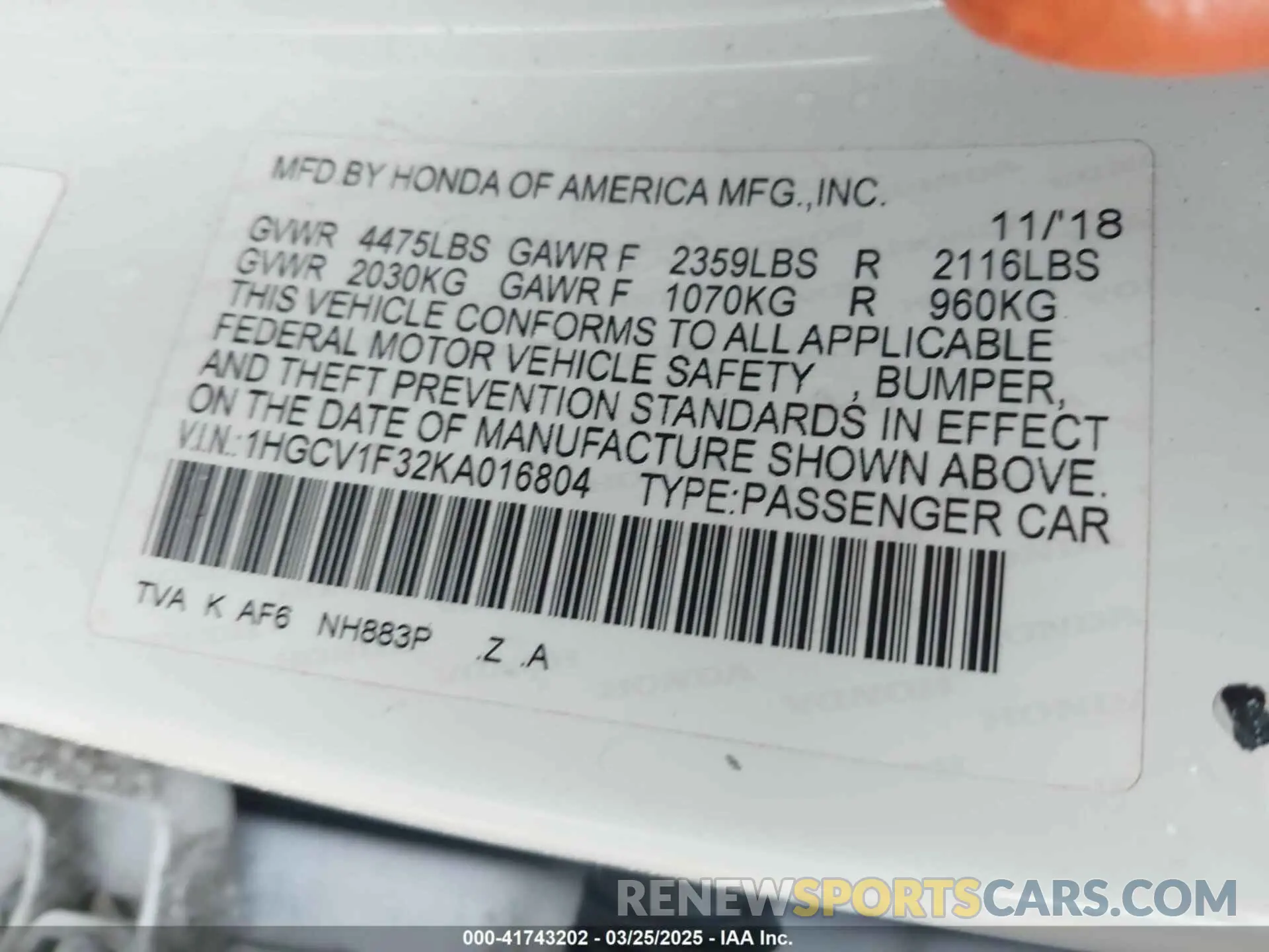 9 Photograph of a damaged car 1HGCV1F32KA016804 HONDA ACCORD 2019