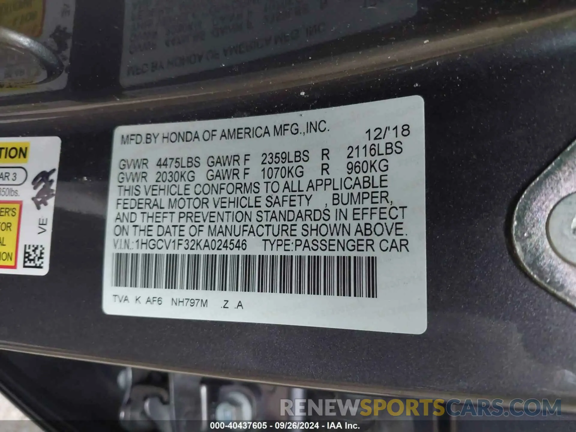 9 Photograph of a damaged car 1HGCV1F32KA024546 HONDA ACCORD 2019