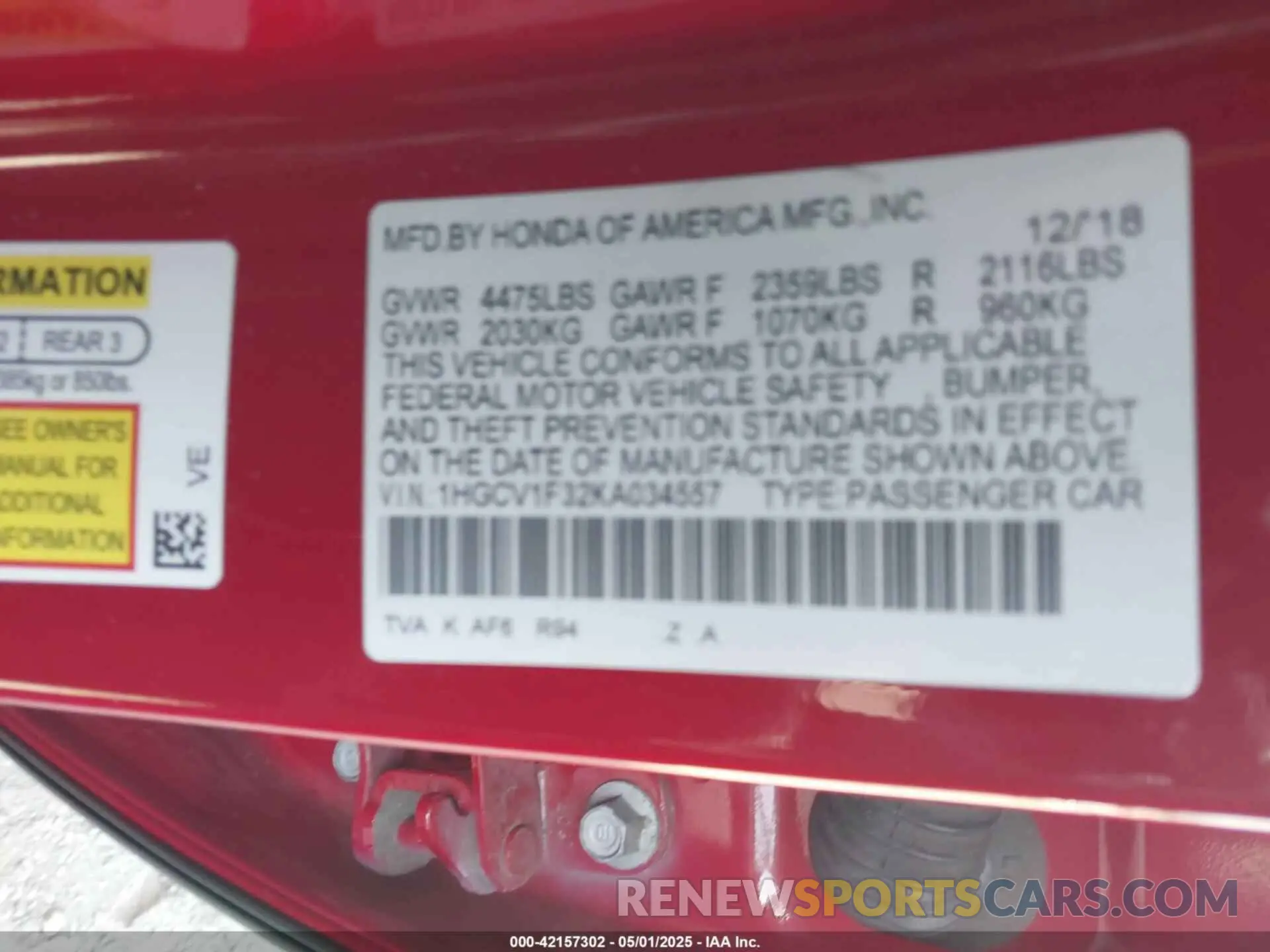 9 Photograph of a damaged car 1HGCV1F32KA034557 HONDA ACCORD 2019