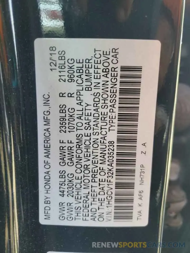 13 Photograph of a damaged car 1HGCV1F32KA035238 HONDA ACCORD 2019
