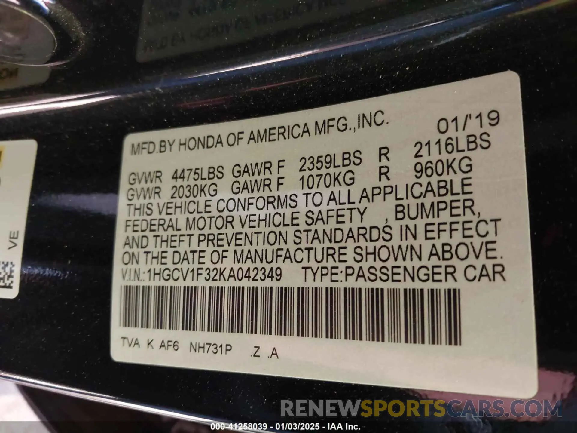 9 Photograph of a damaged car 1HGCV1F32KA042349 HONDA ACCORD 2019