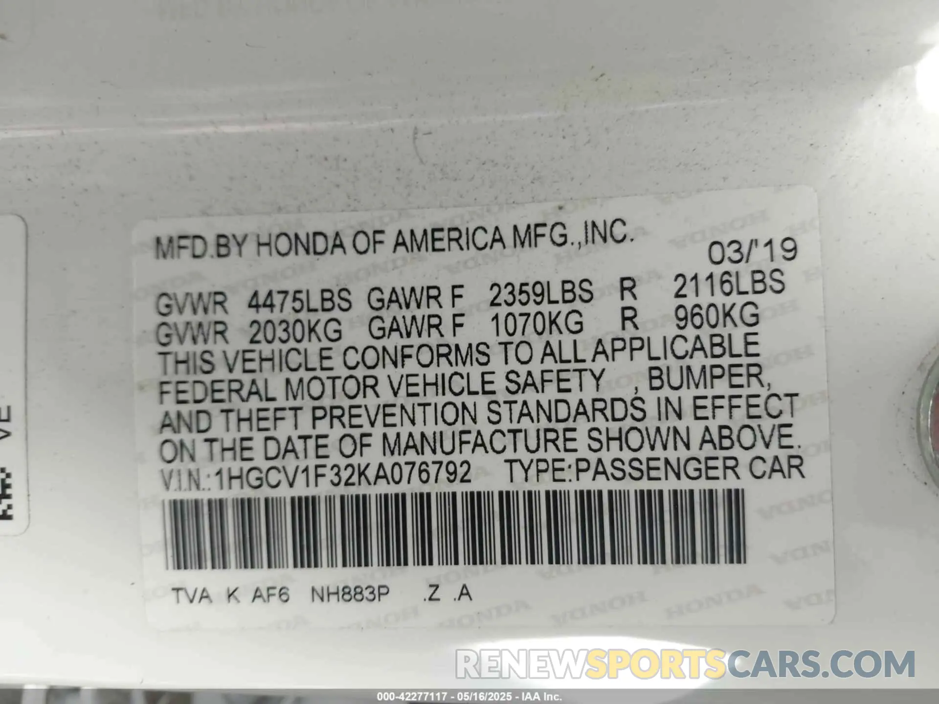 9 Photograph of a damaged car 1HGCV1F32KA076792 HONDA ACCORD 2019