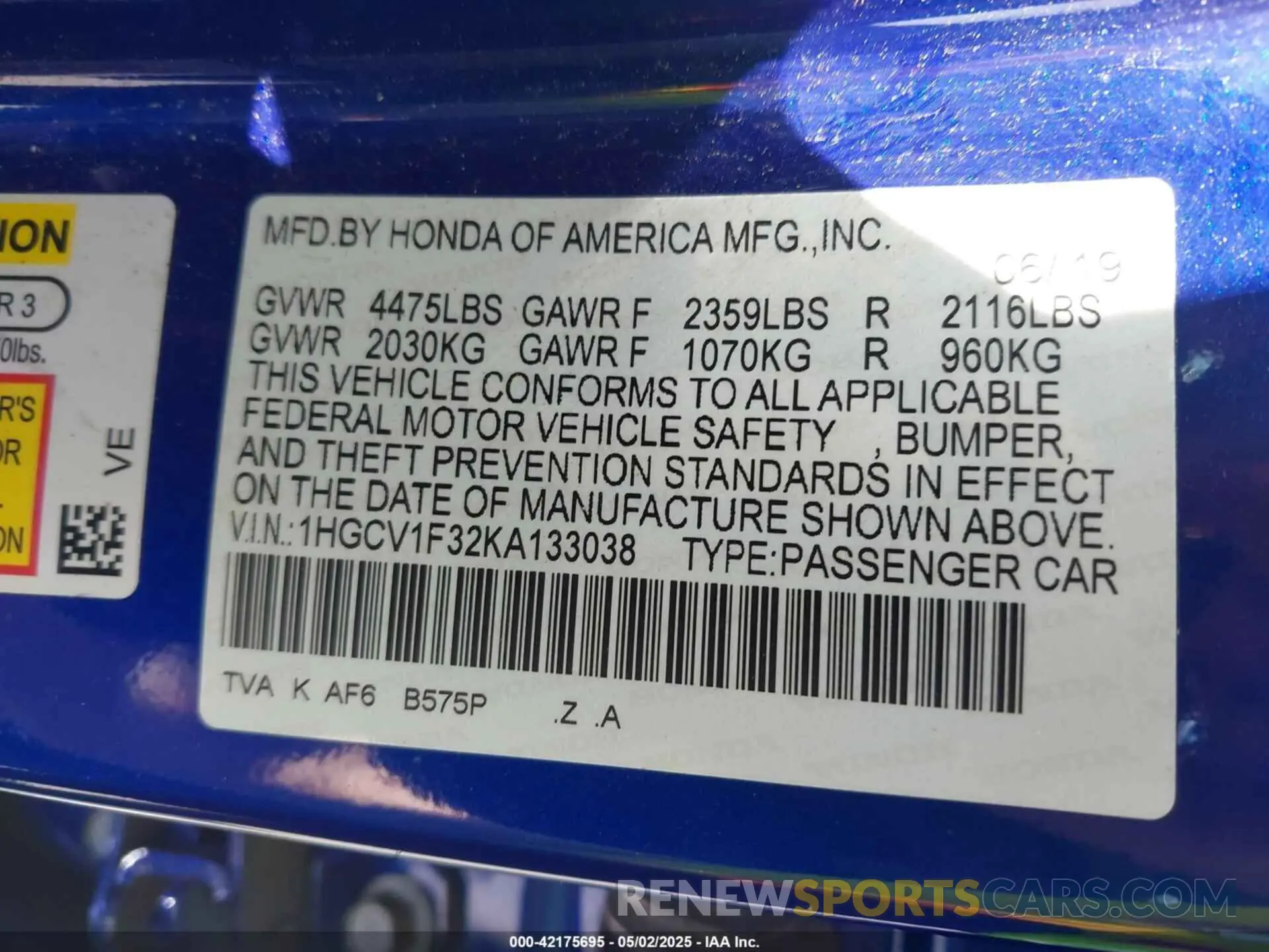 9 Photograph of a damaged car 1HGCV1F32KA133038 HONDA ACCORD 2019