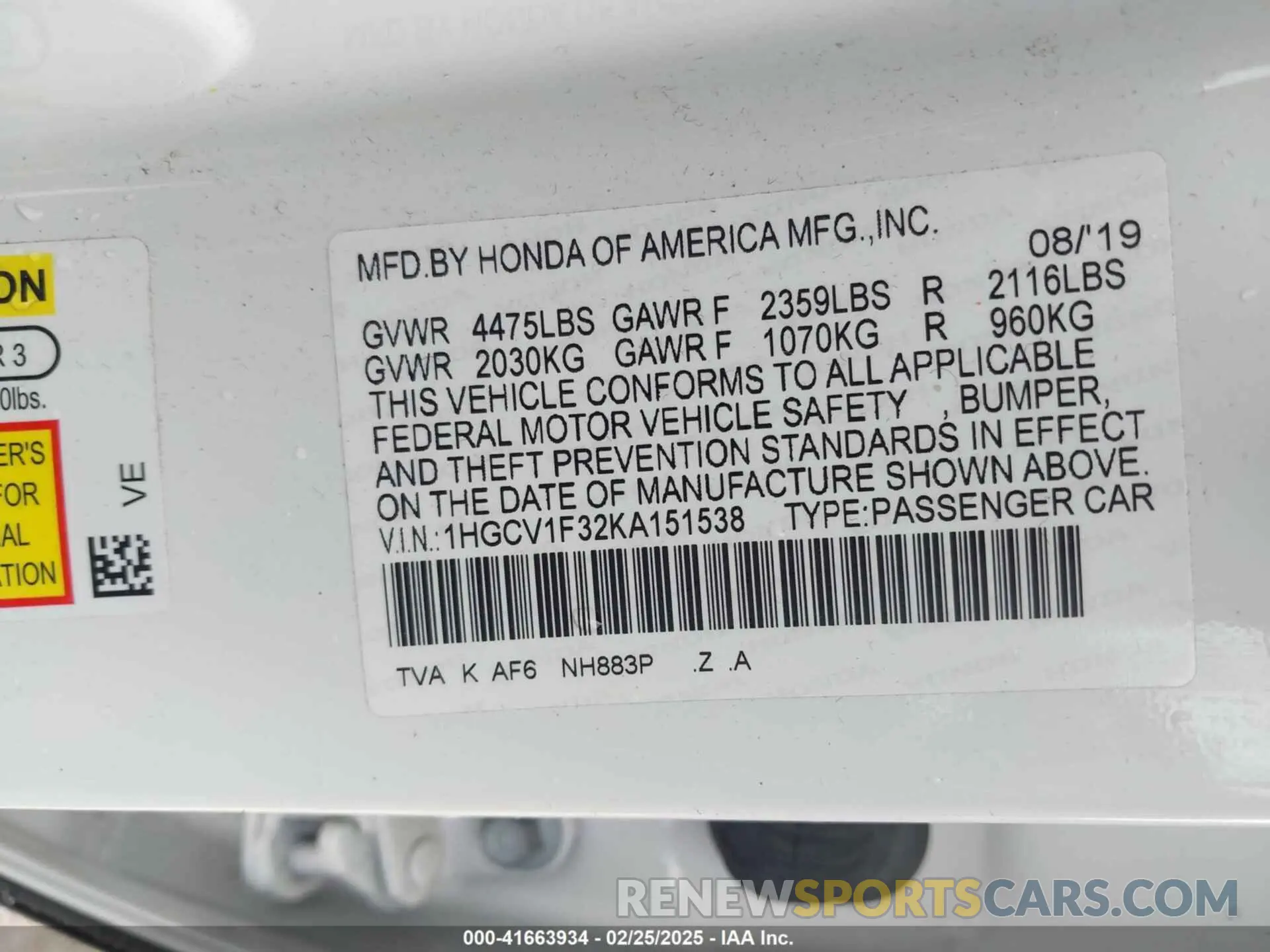 9 Photograph of a damaged car 1HGCV1F32KA151538 HONDA ACCORD 2019