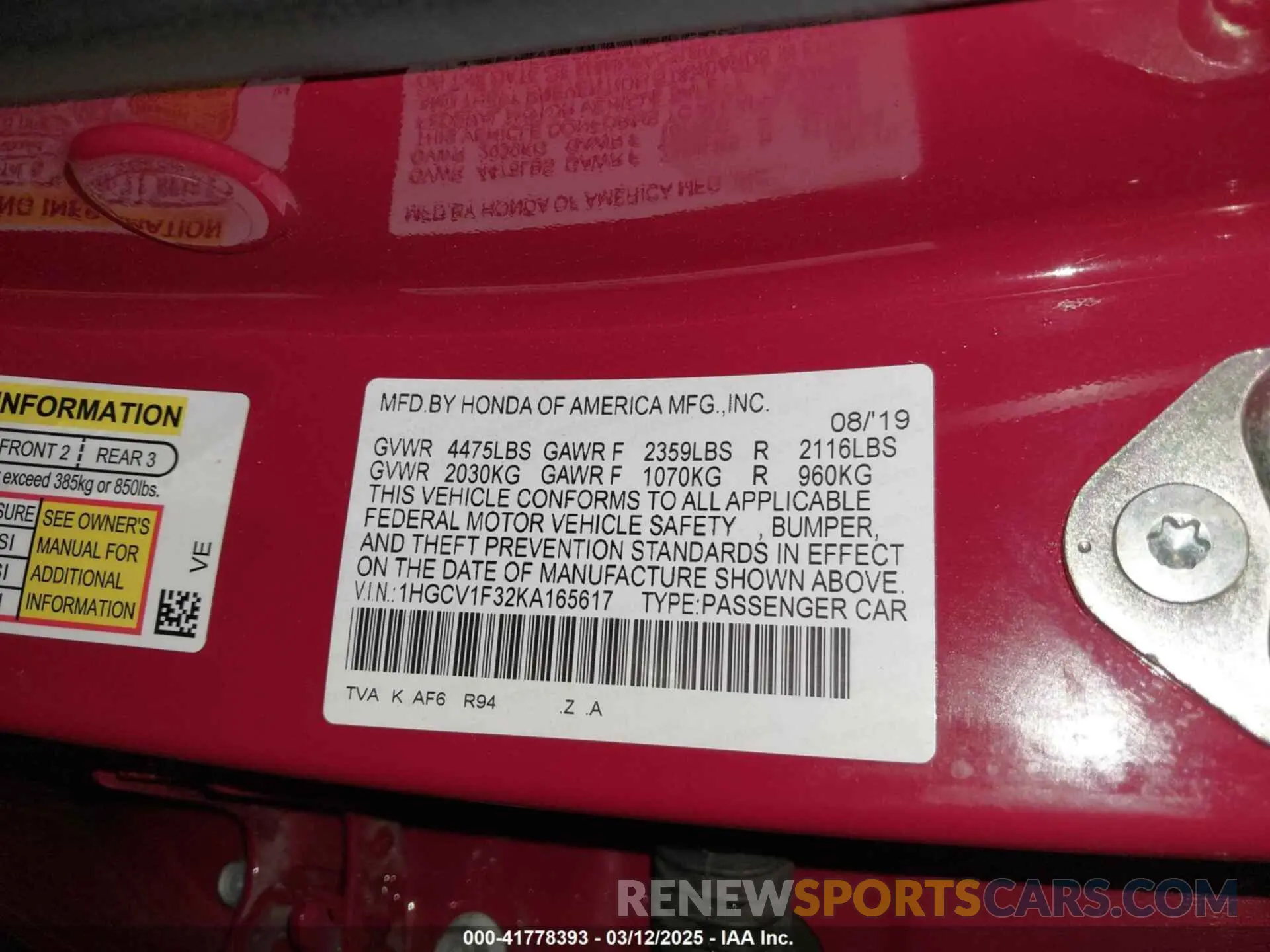 9 Photograph of a damaged car 1HGCV1F32KA165617 HONDA ACCORD 2019