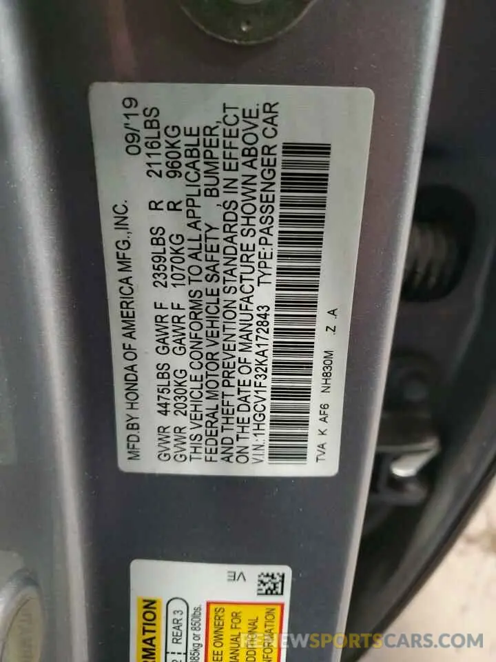 13 Photograph of a damaged car 1HGCV1F32KA172843 HONDA ACCORD 2019