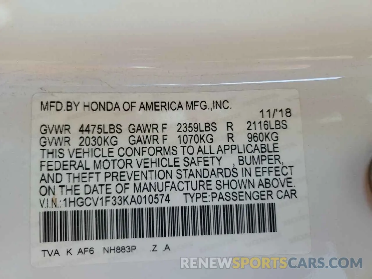 12 Photograph of a damaged car 1HGCV1F33KA010574 HONDA ACCORD 2019