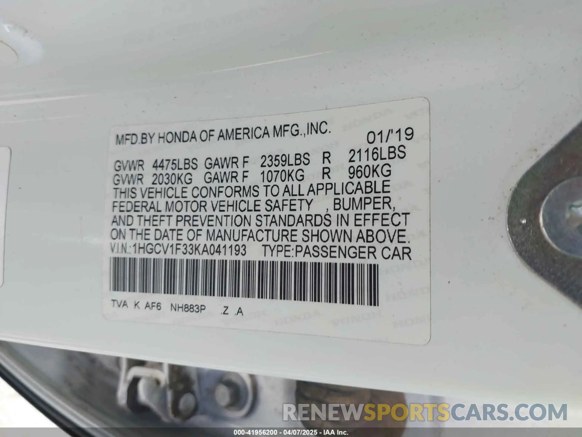 9 Photograph of a damaged car 1HGCV1F33KA041193 HONDA ACCORD 2019