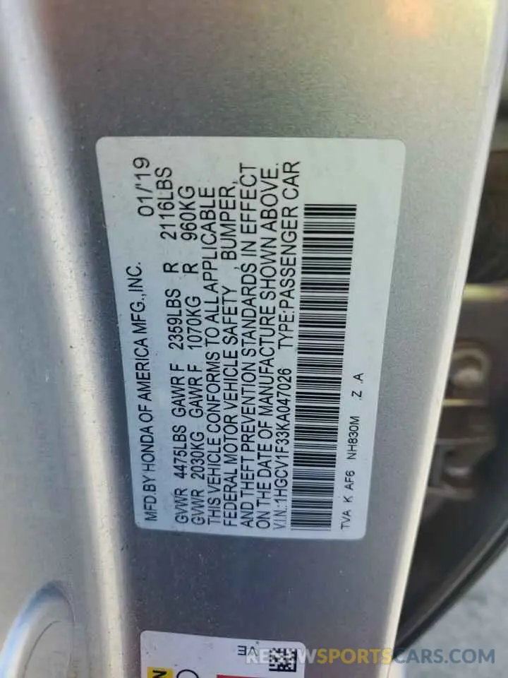 13 Photograph of a damaged car 1HGCV1F33KA047026 HONDA ACCORD 2019