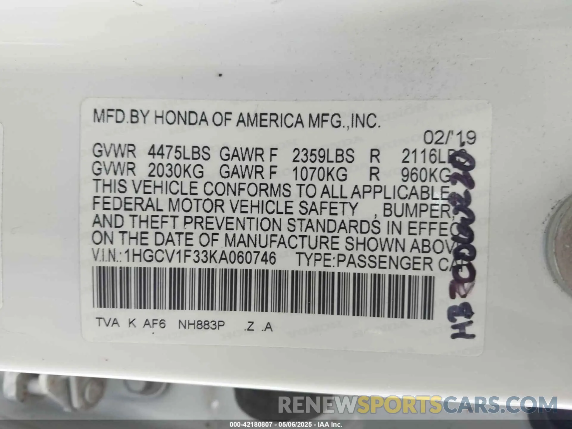 9 Photograph of a damaged car 1HGCV1F33KA060746 HONDA ACCORD 2019