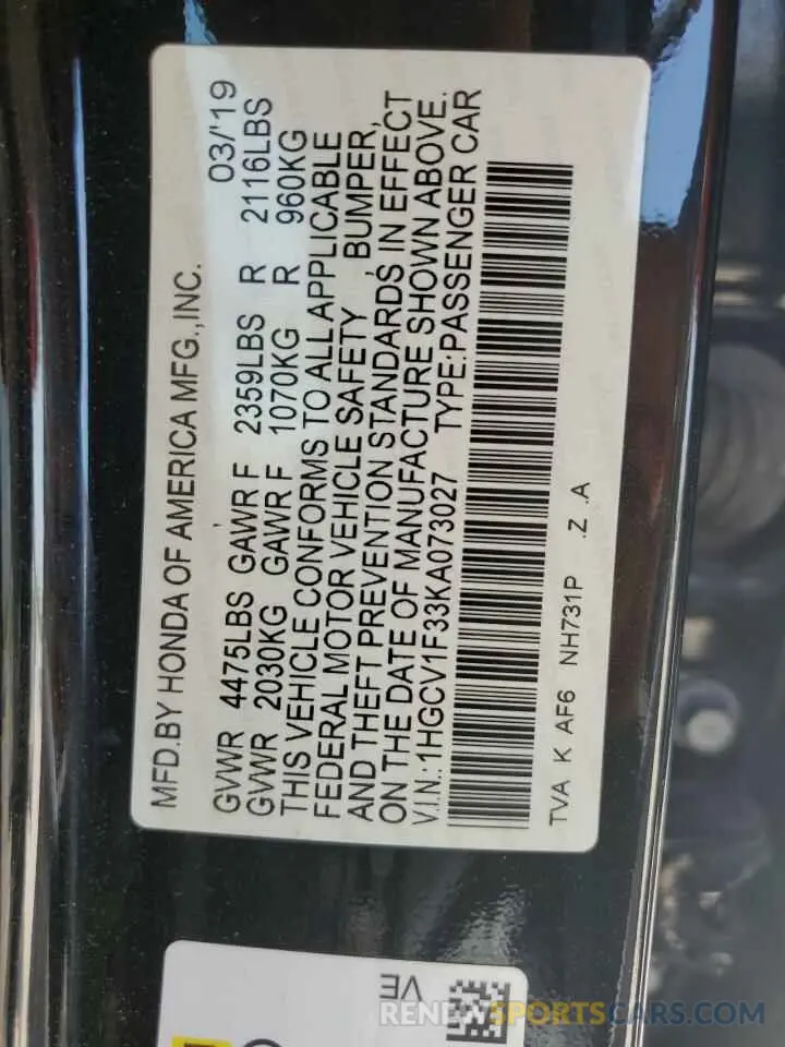 13 Photograph of a damaged car 1HGCV1F33KA073027 HONDA ACCORD 2019