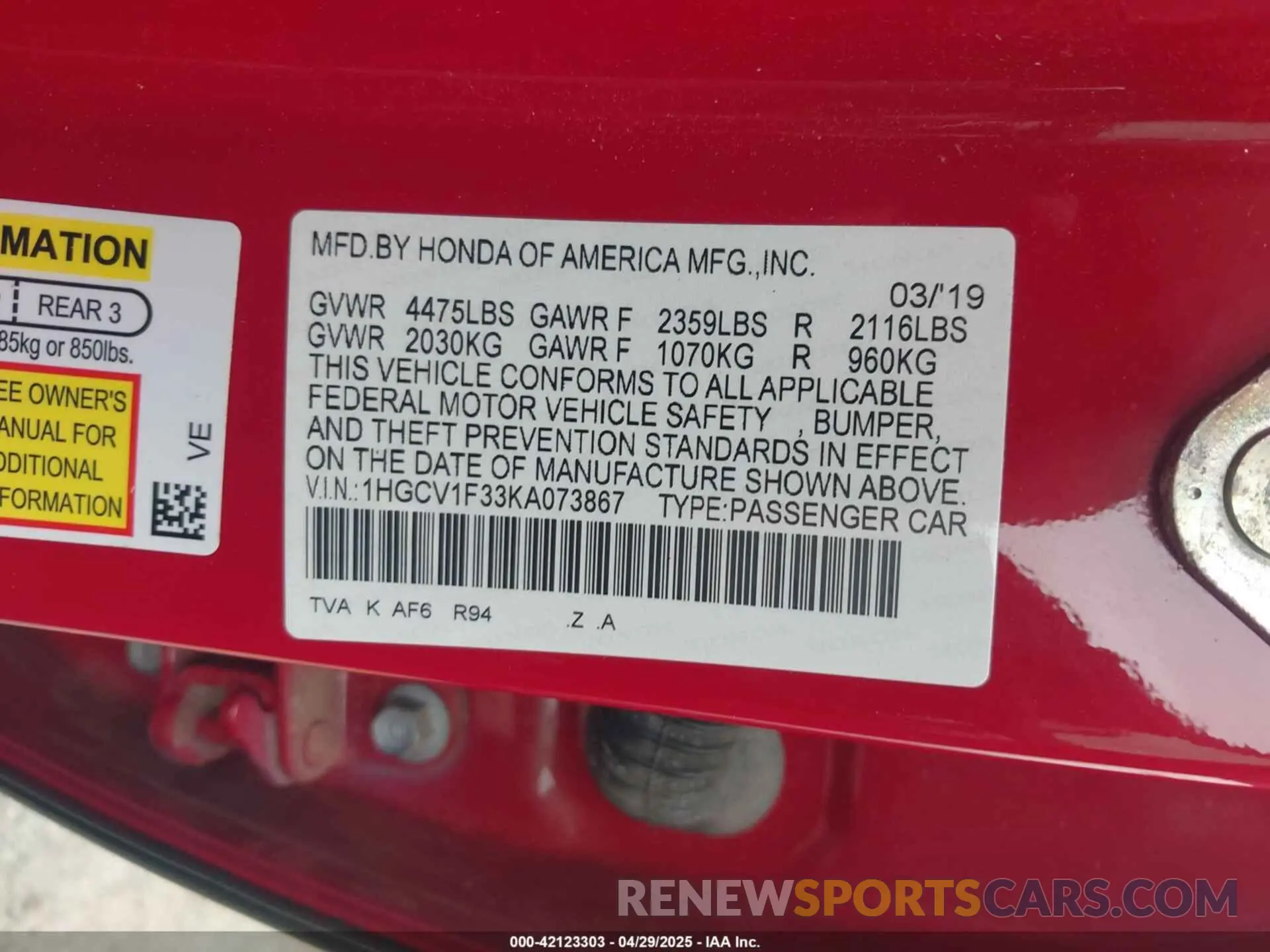 9 Photograph of a damaged car 1HGCV1F33KA073867 HONDA ACCORD 2019