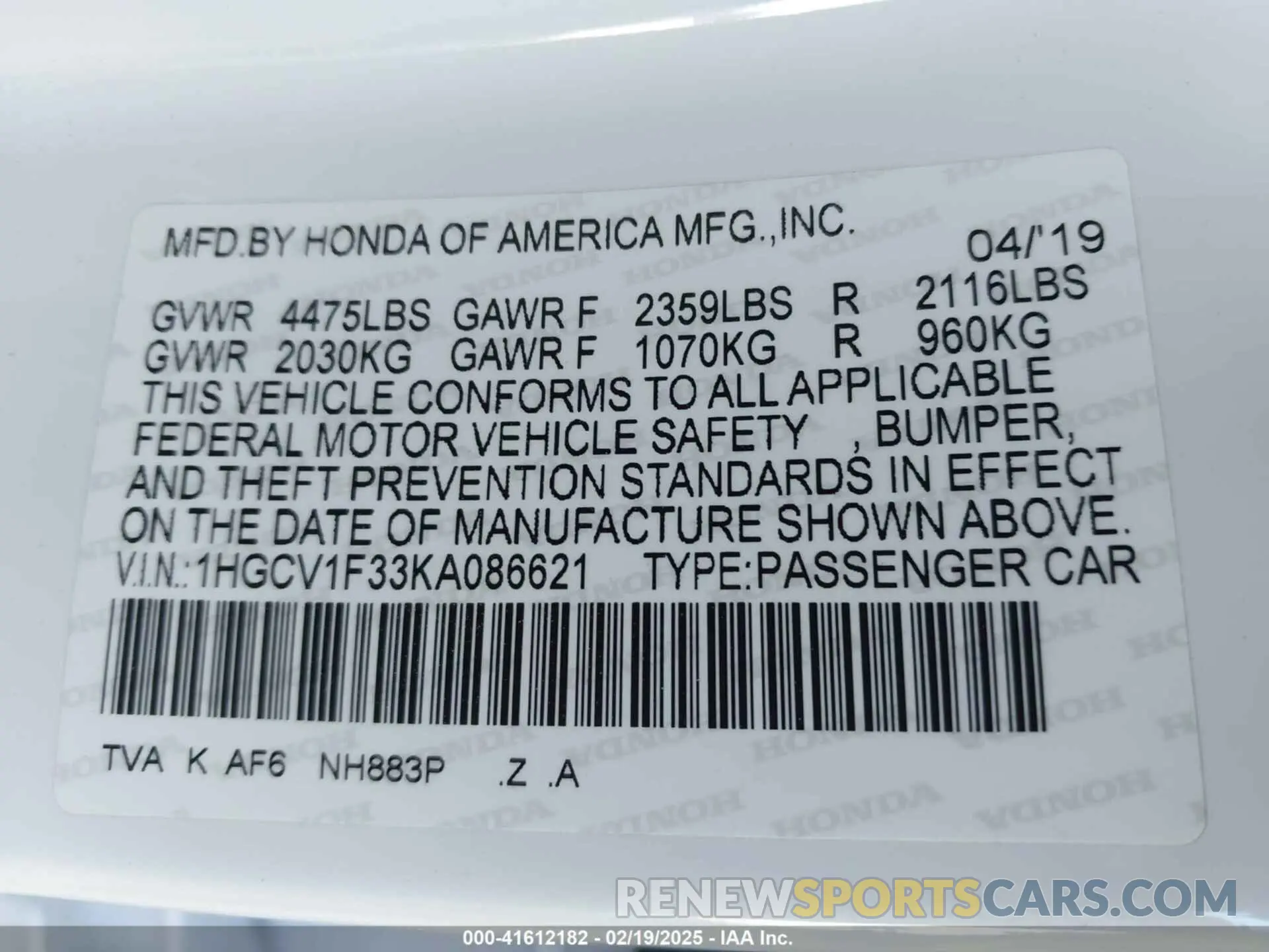 9 Photograph of a damaged car 1HGCV1F33KA086621 HONDA ACCORD 2019