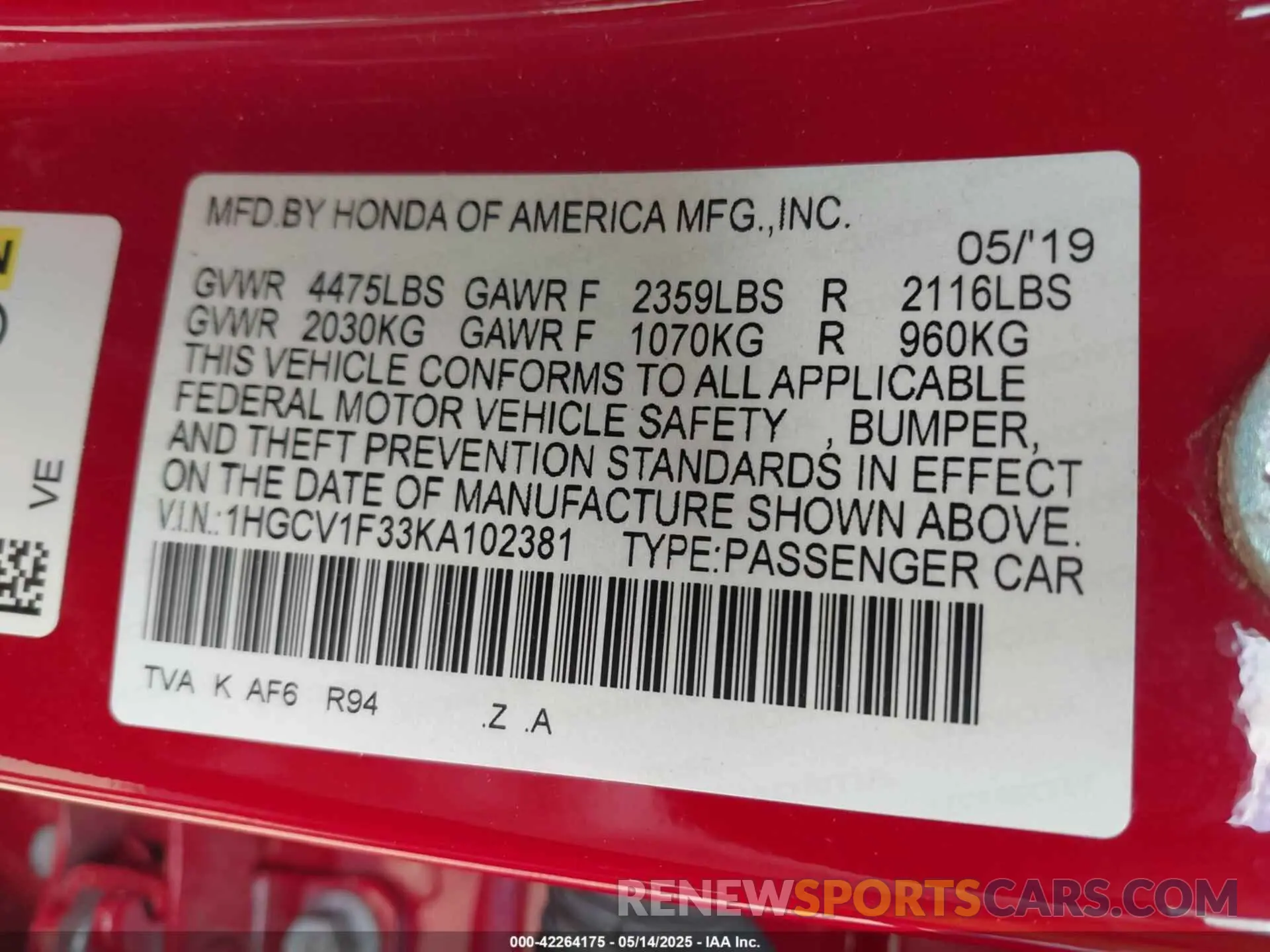 9 Photograph of a damaged car 1HGCV1F33KA102381 HONDA ACCORD 2019