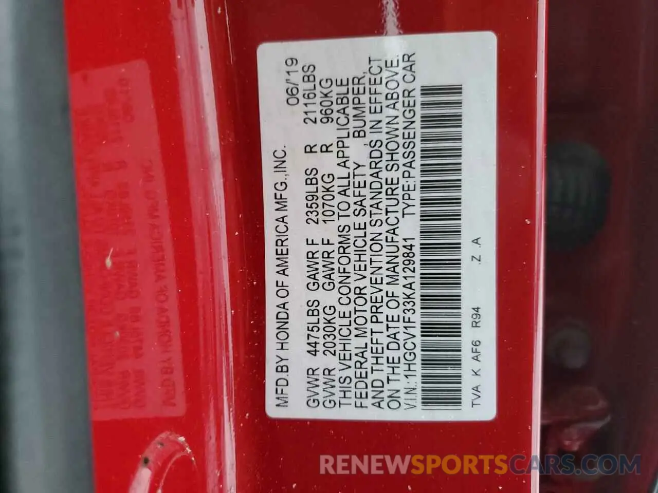 13 Photograph of a damaged car 1HGCV1F33KA129841 HONDA ACCORD 2019